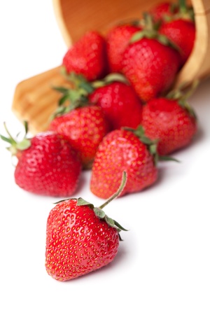 strawberries in basket hanging on a white backgroundの写真素材