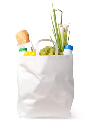 Paper bag with food on a white backgroundの写真素材