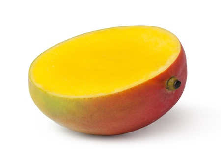 Half cut mango fruits on white backgroundの写真素材