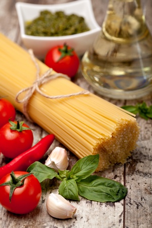 Spaghetti, on a wooden backgroundの写真素材