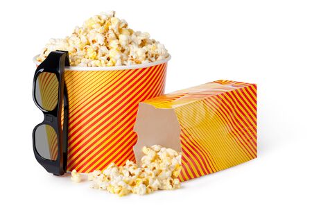 Popcorn and 3d glasses on a white backgroundの写真素材