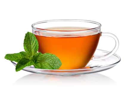 Cup of tea with mint on a white backgroundの写真素材