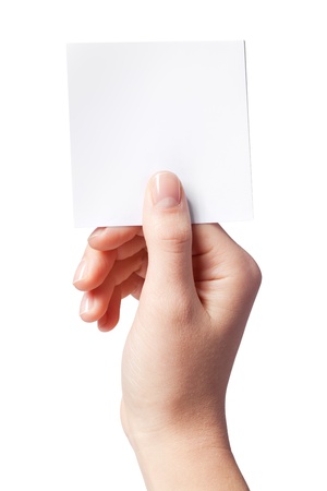 Hand of women holding blank paper label, isolated on whiteの写真素材