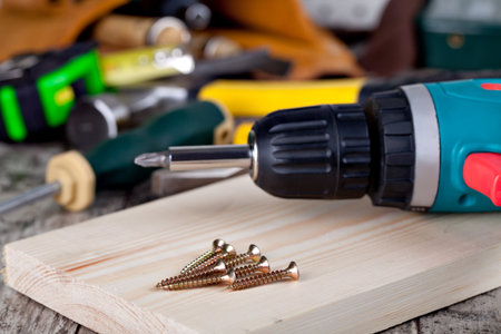 set of tools wooden background