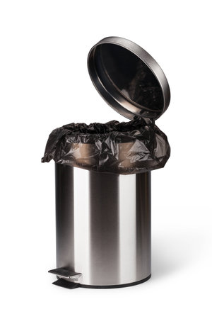 Steel trash can isolated on whiteの写真素材