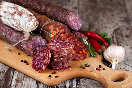 sausage on a wooden tableの写真素材