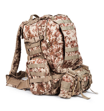 camouflage backpack isolated on white backgroundの写真素材