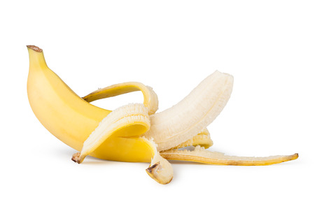 Peeled banana on white backgroundの写真素材