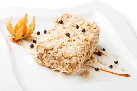 Almond cake on a white plate