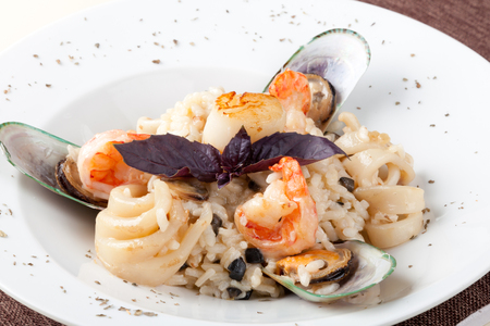 Risotto, rice with seafood, food closeupの写真素材