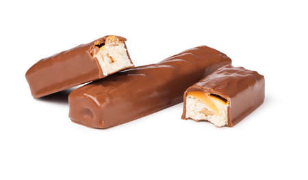 Closeup of chocolate bar isolated on whiteの写真素材