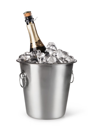 Champagne bottle in a bucket with ice on the white backgroundの写真素材