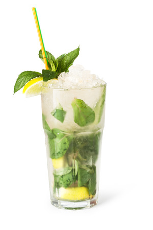 Glasses of fruit drinks with ice cubes isolated on whiteの写真素材