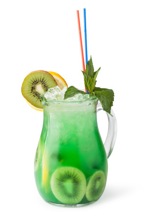 Glasses of fruit drinks with ice cubes isolated on whiteの写真素材