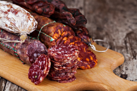 sausage on a wooden tableの写真素材