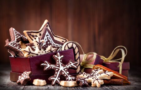 Homemade christmas cookies on wooden tableの写真素材