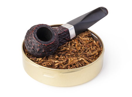 Smoking pipe and tobacco isolated on whiteの写真素材