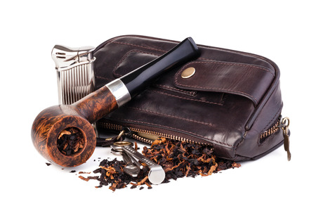 Smoking pipe and tobacco isolated on whiteの写真素材