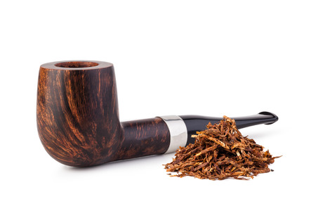 Smoking pipe and tobacco isolated on whiteの写真素材