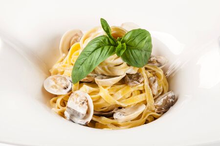 spaghetti with shrimp and musselの写真素材