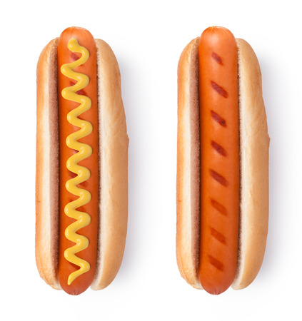 Hot dog with mustard isolated on white backgroundの写真素材
