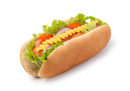 Hot dog with mustard isolated on white backgroundの写真素材