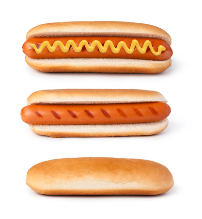 Hot dog with mustard isolated on white backgroundの写真素材