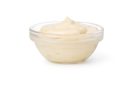 Bowl with tartar sauce isolated on white backgroundの写真素材
