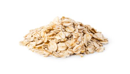 Oatmeal flakes isolated on white backgroundの写真素材