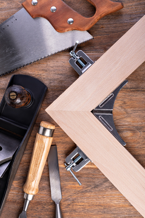 woodworking tools on a wooden tableの写真素材