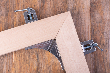 Woodworking tools on a wooden tableの写真素材