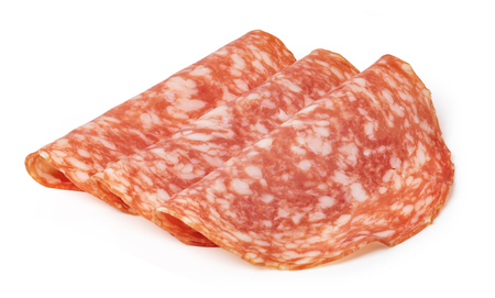salami sausage slice isolated on white background top viewの写真素材