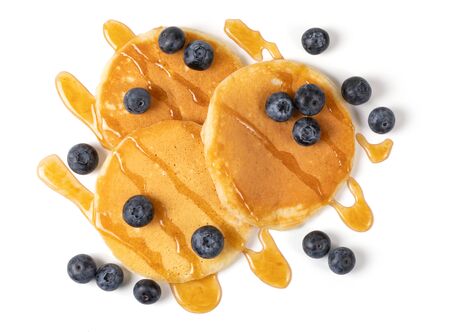 Pancakes with blueberries and syrup Isolated on white backgroundの写真素材