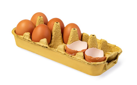 Dozen eggs in a cardboard box; Isolated on white background; brown; isolated