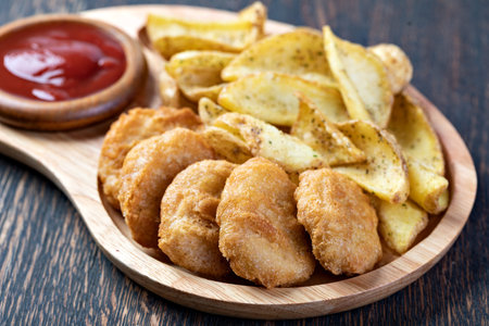 Tasty fried nuggets and potatoes on a table