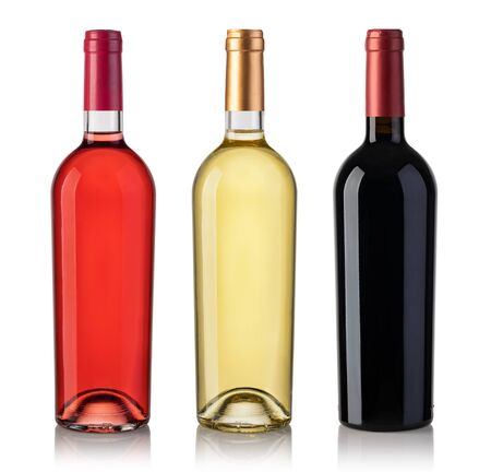 Set Of White, Rose, And Red Wine Bottles. Isolated On White Background