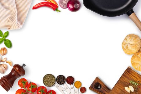 Food background with free space for text. Composition with ingredients for cooking over white background. Top view with copy spaceの写真素材