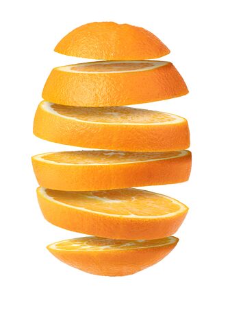 Falling sliced orange fruit isolated on white backgroundの写真素材