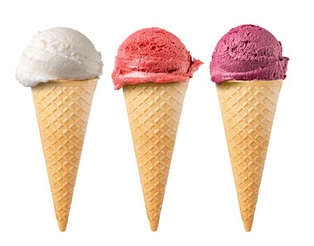 set of ice cream waffle cone isolated on white backgroundの写真素材