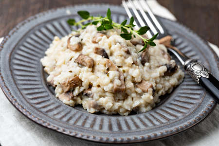 Risotto with porcini mushroom on wooden tableの写真素材
