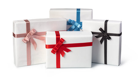 white present paper boxes with ribbon bow, isolated on white