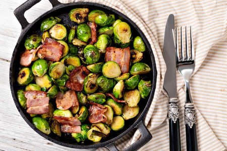 Roasted brussels sprouts with baconの写真素材