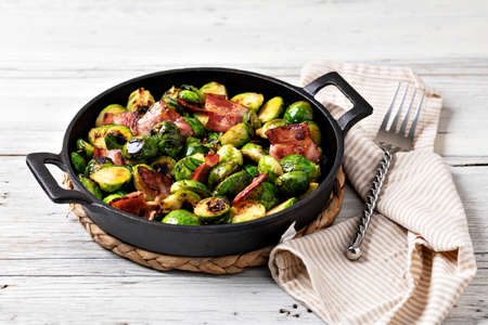 Roasted brussels sprouts with baconの写真素材
