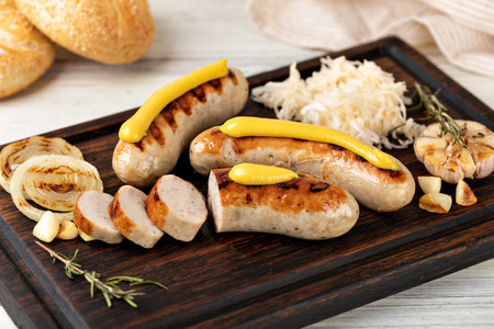Grilled sausages on a wooden cutting boardの写真素材