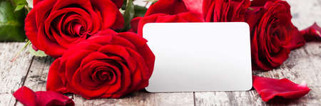 Red roses with a blank gift tag on a woodwnの写真素材