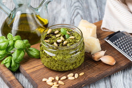 Pesto sauce cooking. Basil, olive oil, parmesan, garlic, pine nuts. isolated on a white backgroundの写真素材