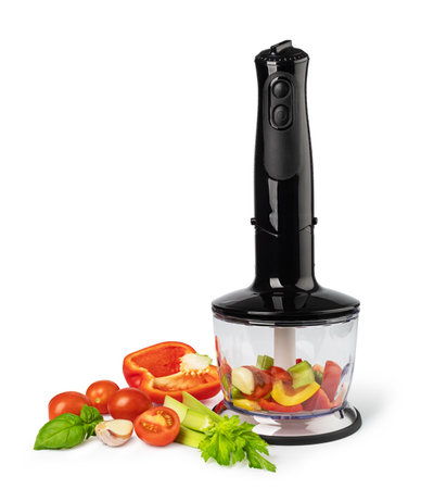 Hand blender and fresh vegetables, isolated on white backgroundの写真素材