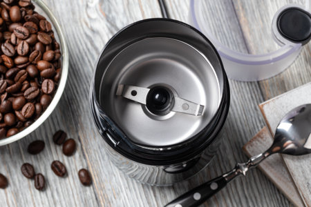Electric Coffee Grinder with fresh coffee beansの写真素材