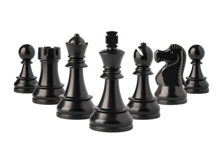 Black Chess pieces standing, representing strategy, competition, and intellectual challenge, isolated on white backgroundの写真素材