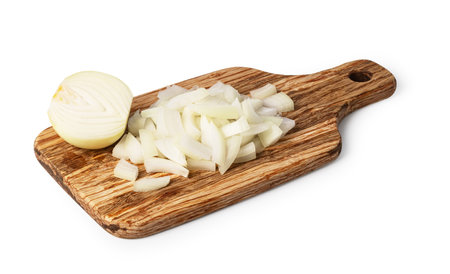 Sliced white onion on rustic wooden cutting board, isolated on white backgroundの写真素材